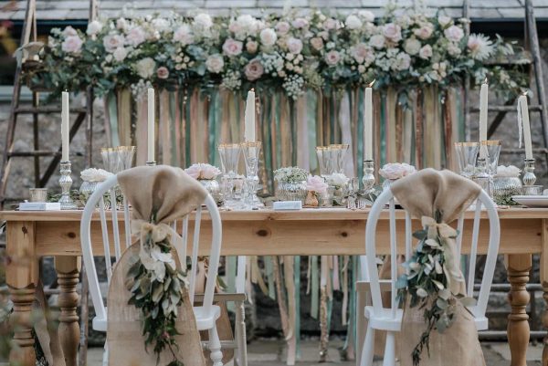 A photograph of a wedding reception, styled by Wedding Flowers in Cornwall. Your wedding style