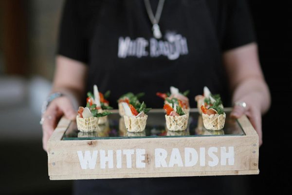 A photograph of delicious canapes by Wihite Raddish Catering featuring on eeek! weddings. Creative wedding dishes